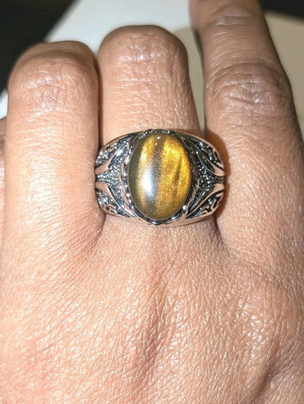 Men Oval Tiger Eye Gemstone Silver Plated Ring , Brown Veined Stone Ring Sz 10